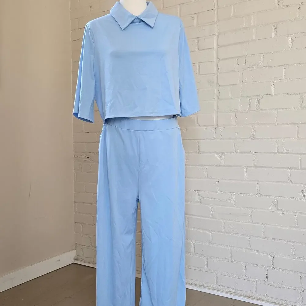 ​Baby Blue Co-Ord Set Collared Crop Top & Wide Leg Pants┃Pastelcore Soft Girl